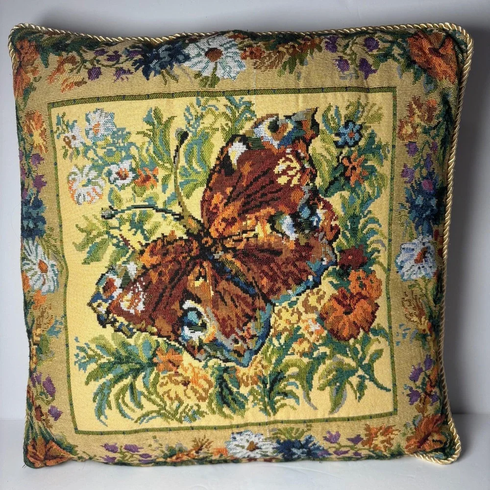 Floral Butterfly/ Dragonfly Tapestry Square Pillow Roped Gold Lining Embroidered